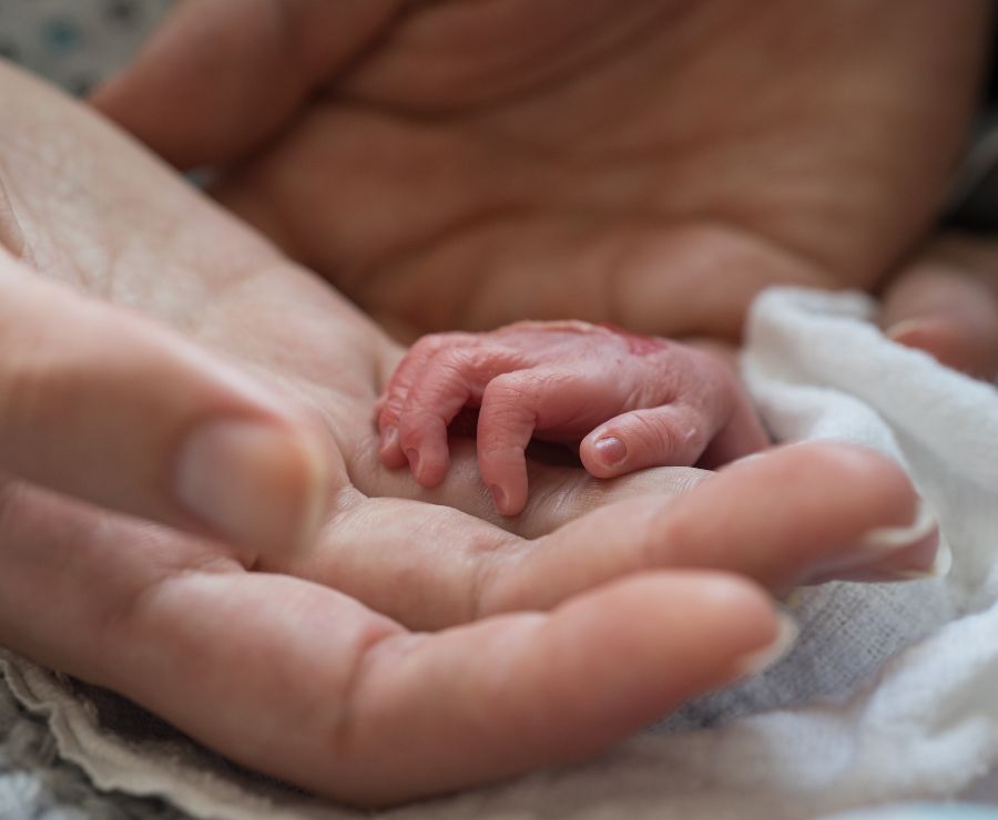 Die Hand eines stillgeborenen Babys ruht in der Hand seiner Mutter.