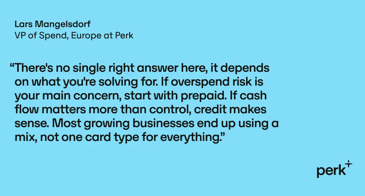 Quote on blue background by Lars Mangelsdorf regarding spending strategies, highlighting the balance between prepaid and credit for growing businesses.