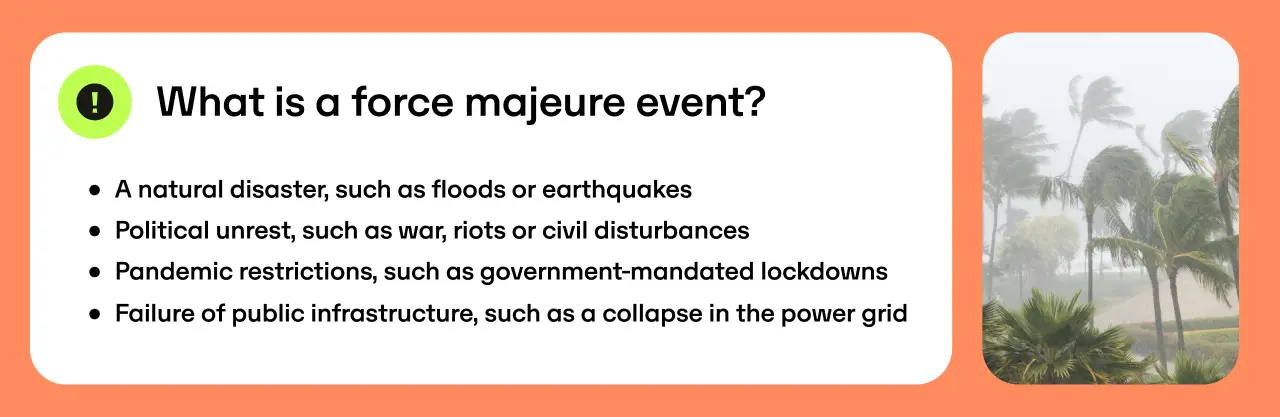 Alt text: Text explaining force majeure events, including natural disasters, political unrest, pandemic restrictions, and infrastructure failures. Palm trees in background.