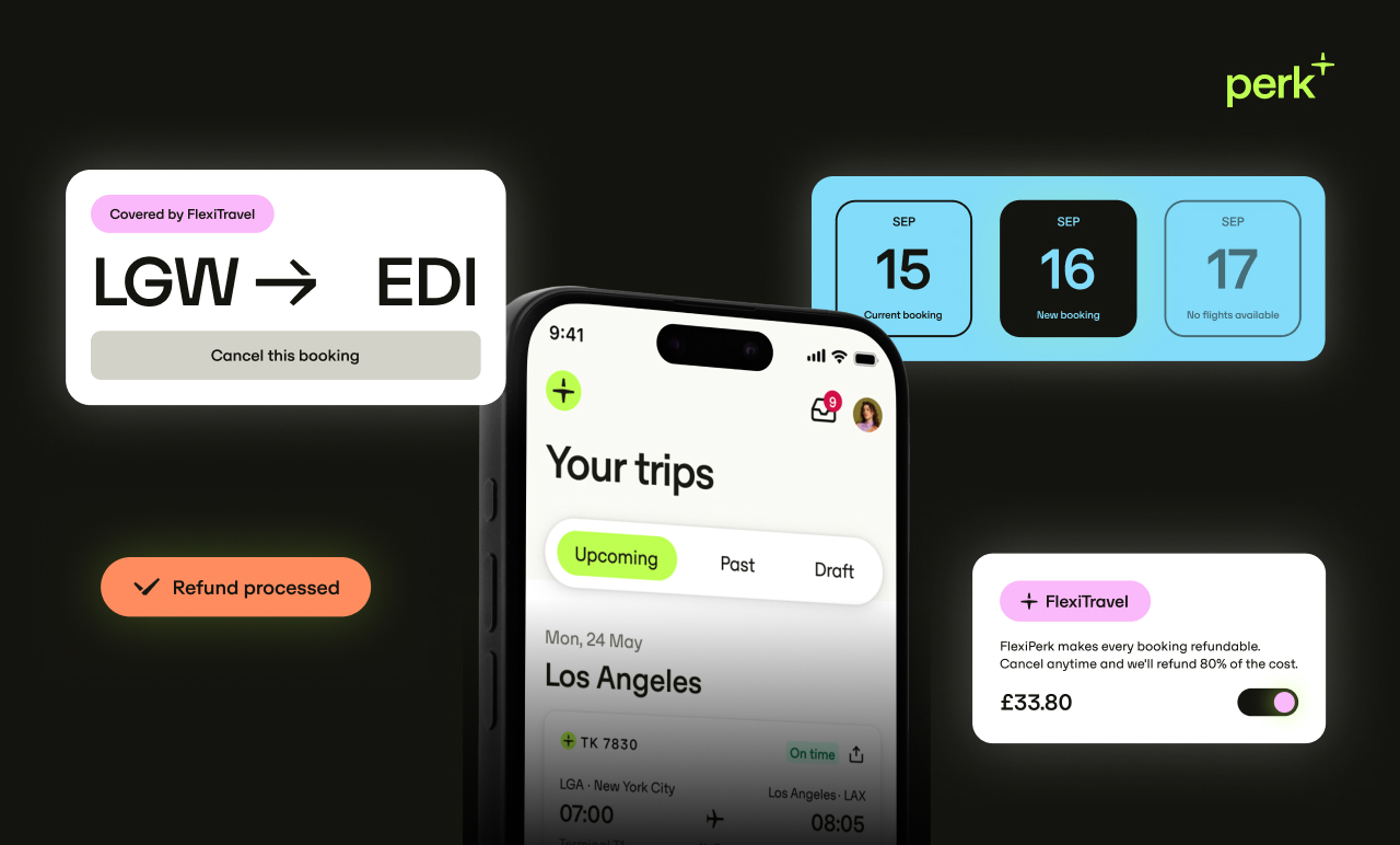 Smartphone displaying a travel app interface with UK flight details, booking reminders, and a refund notification, set against a dark background.