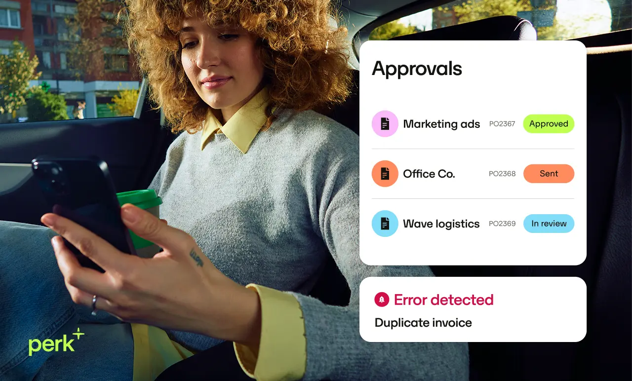 A woman in a car checks her phone, displaying approvals for marketing, office, and logistics invoices, with an error for a duplicate invoice.