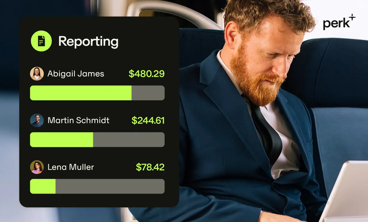 A man in a suit works on a laptop in a train seat. A card showing financial reporting for three individuals is overlaid on the image.