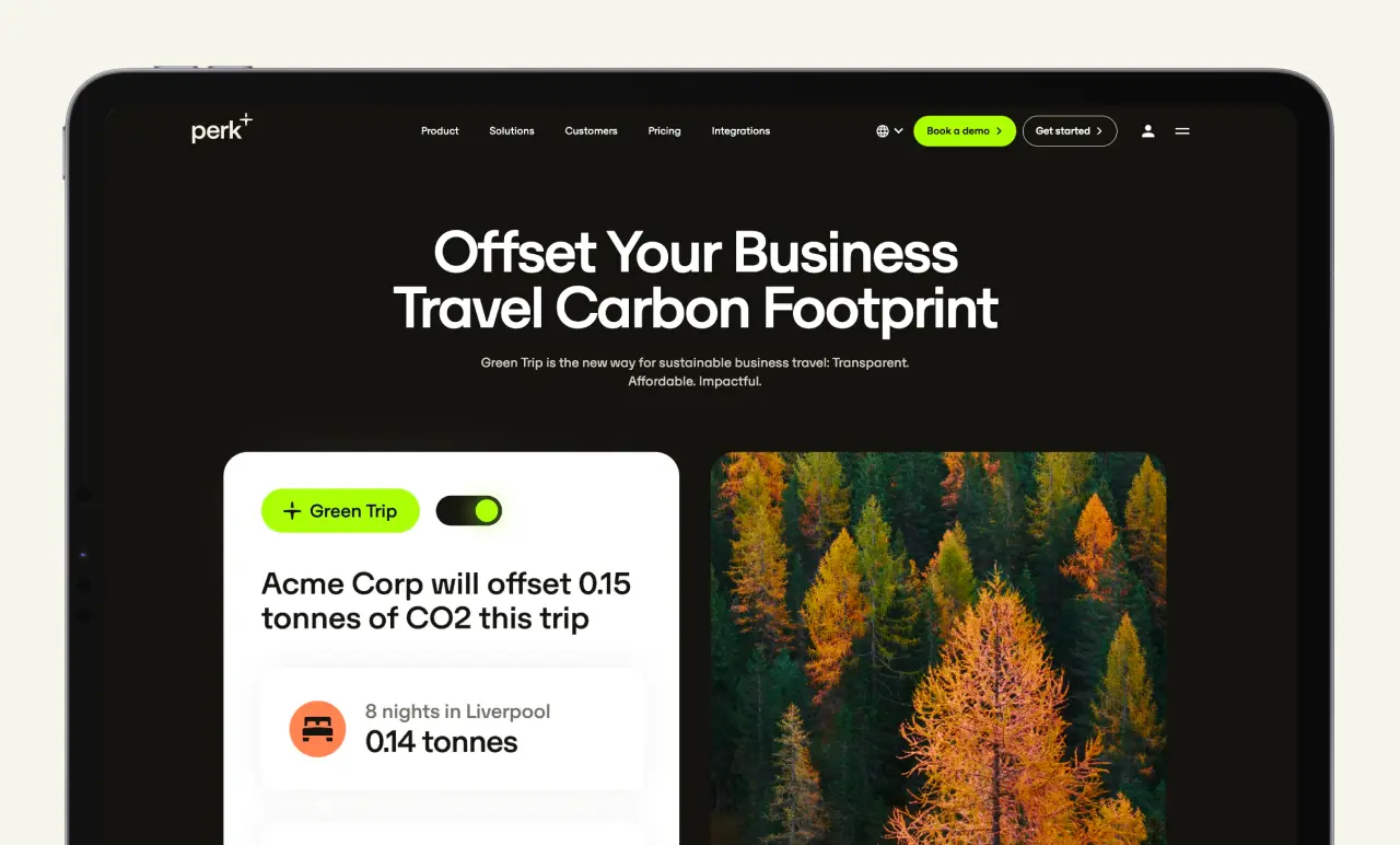 Website promoting carbon footprint offset for business travel, featuring a bright toggle for "Green Trip" and images of autumn trees.