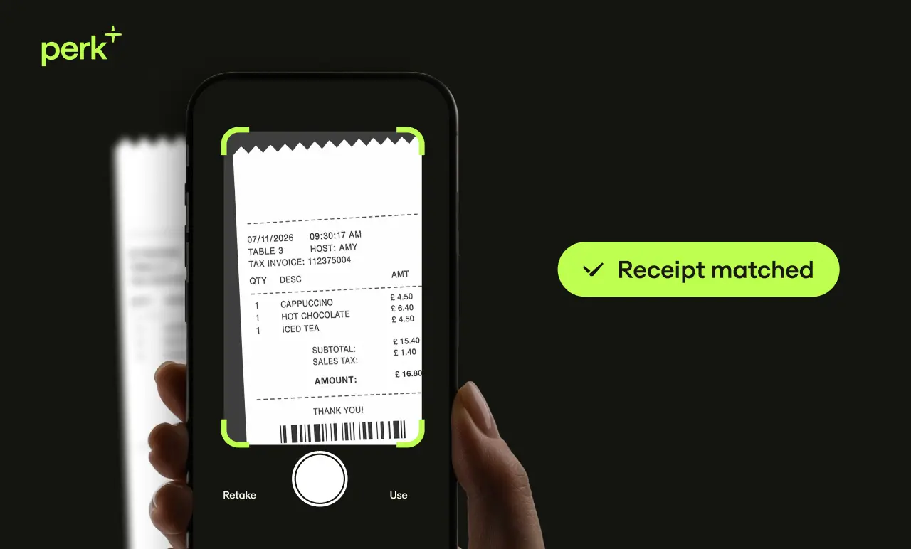 Hand holding a phone displaying a scanned receipt with items and prices. A green checkmark indicates the receipt is matched. Dark background.