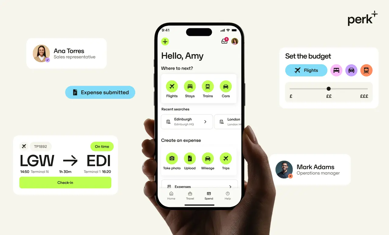 Hand holding a smartphone displaying a travel expense app. Surrounding text includes user profiles, flight details, and budget settings.