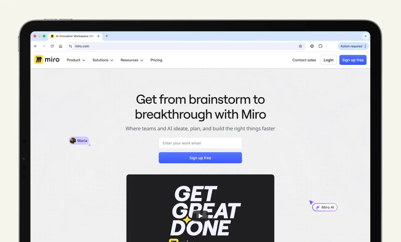 Laptop screen displaying Miro's homepage with the text "Get from brainstorm to breakthrough with Miro" and "Sign up free" button visible.
