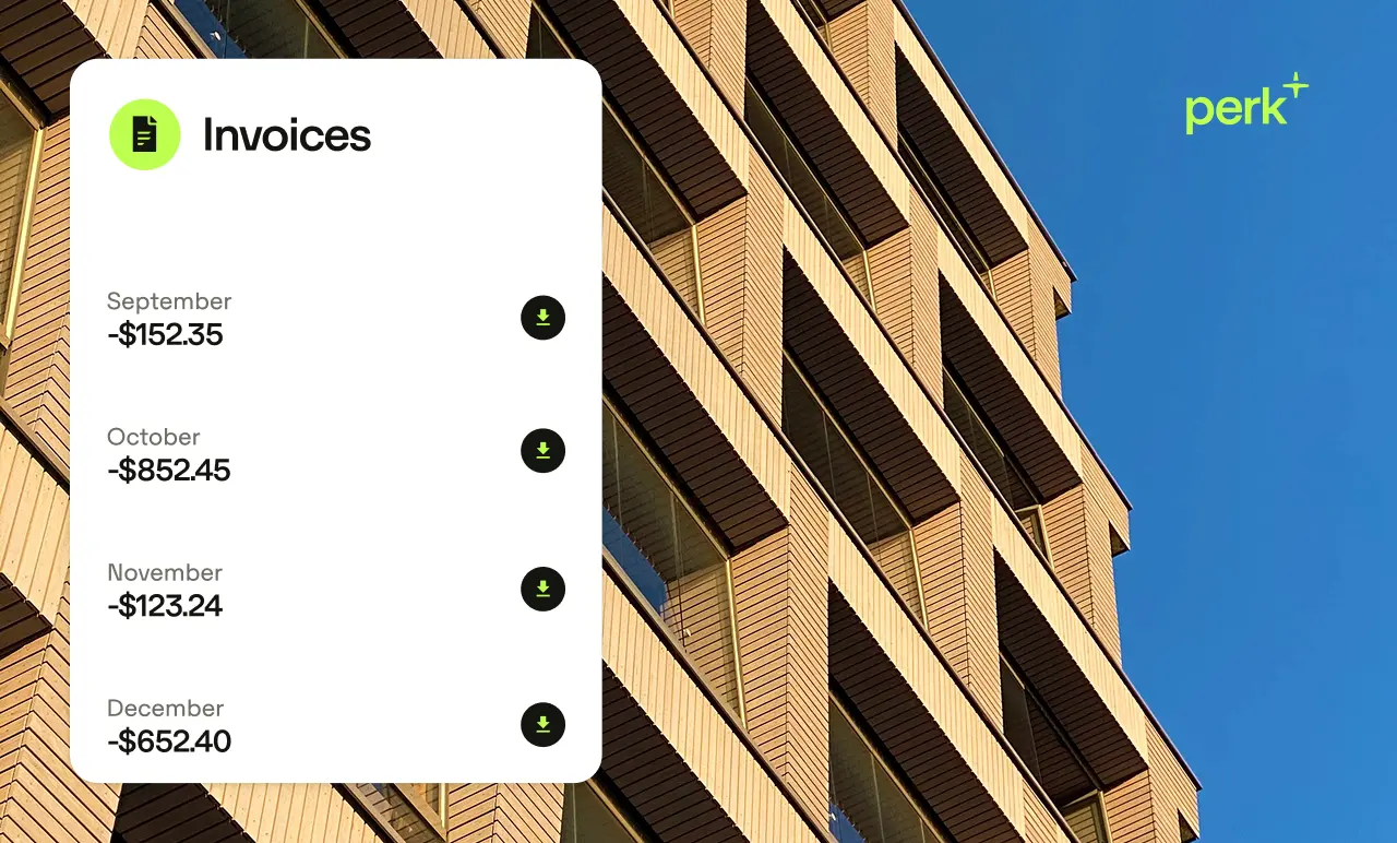 Invoice dashboard showing amounts from September to December with a modern building and blue sky in the background, with "perk+" logo.