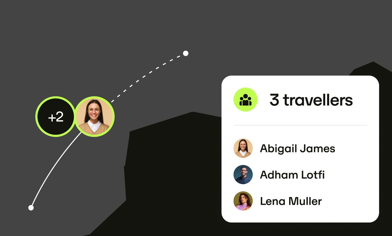 Icons of three travellers with profile pictures, names, and a dotted path indicating movement on a dark background.