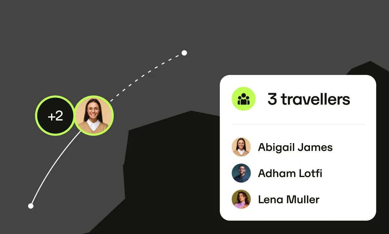 Icons of three travellers with profile pictures, names, and a dotted path indicating movement on a dark background.