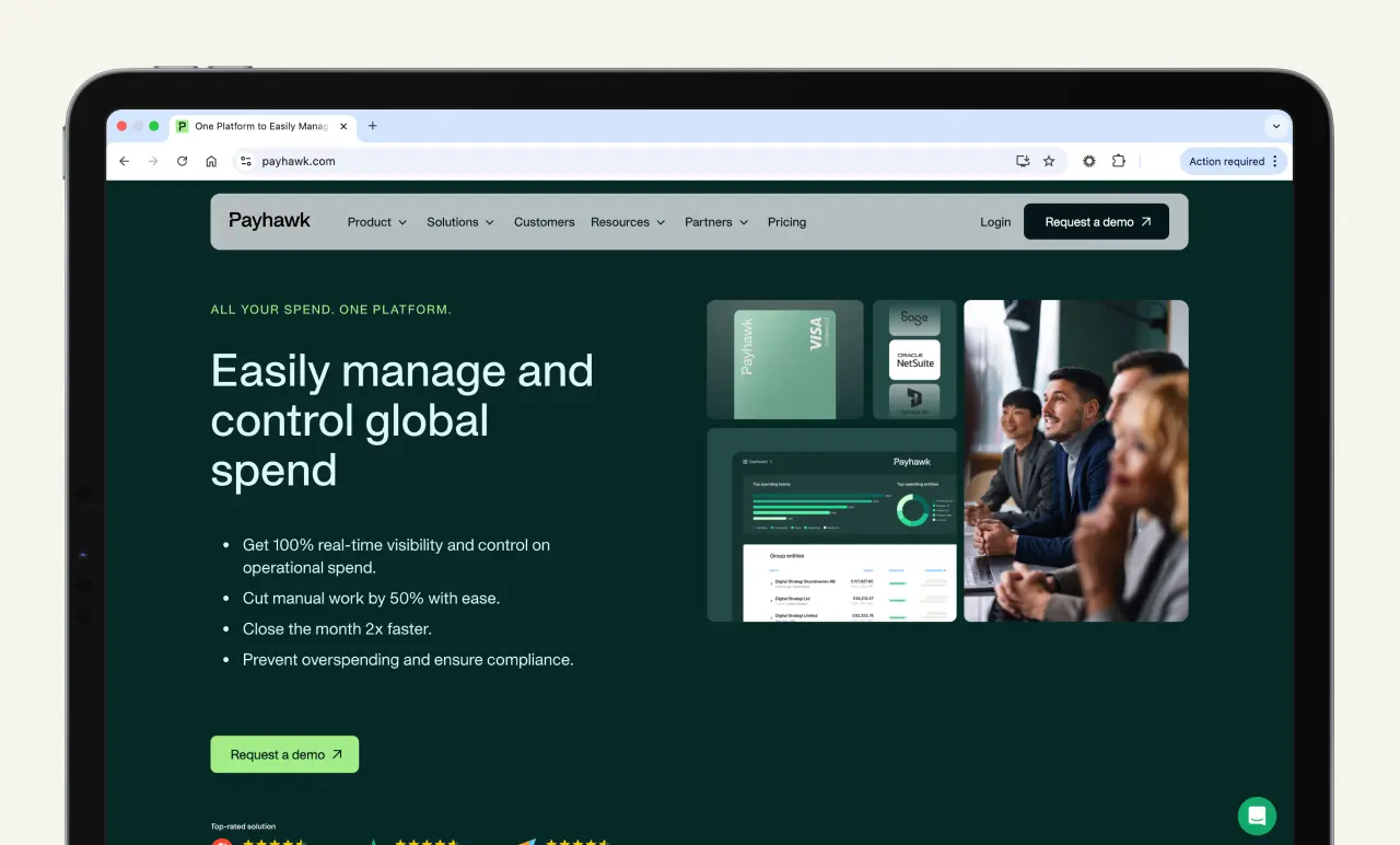 A tablet displaying a webpage about Payhawk, highlighting its features for managing and controlling global spending efficiently.
