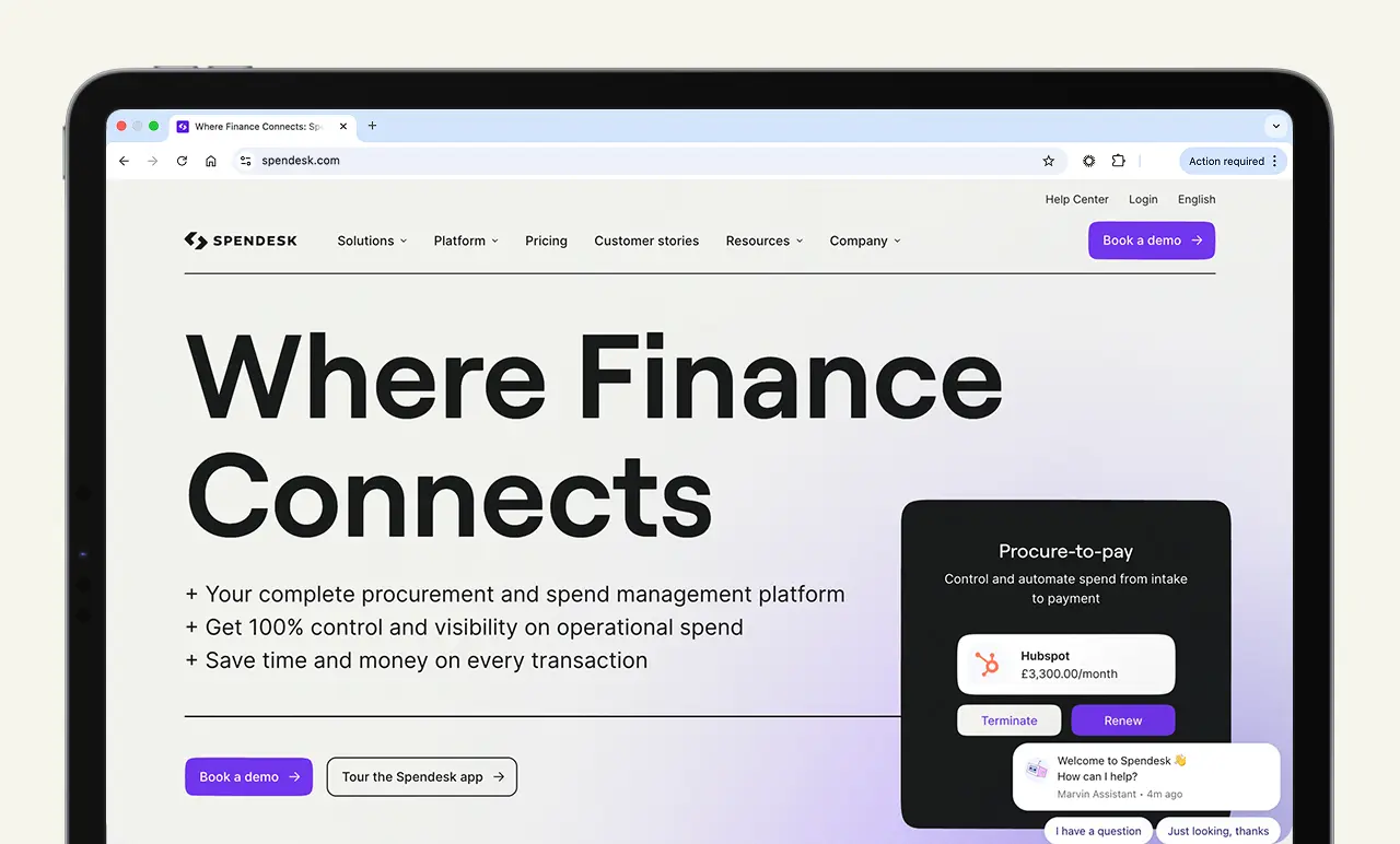 Tablet displaying a website for a finance management platform with the text "Where Finance Connects" and options for booking demos.