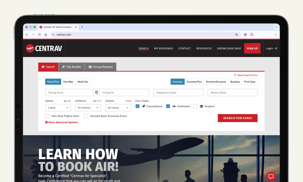 A webpage showing the Centrav flight search form with options for trip details and passenger information.