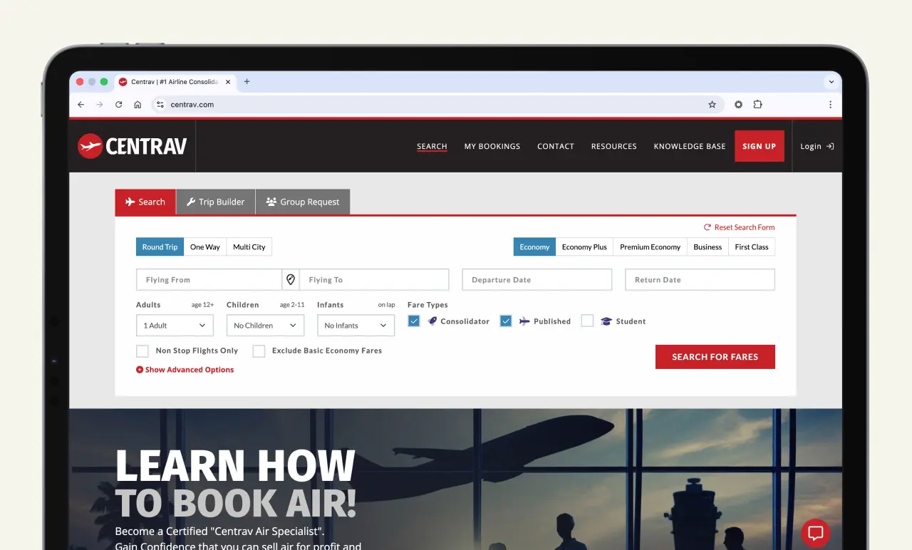 A webpage showing the Centrav flight search form with options for trip details and passenger information.