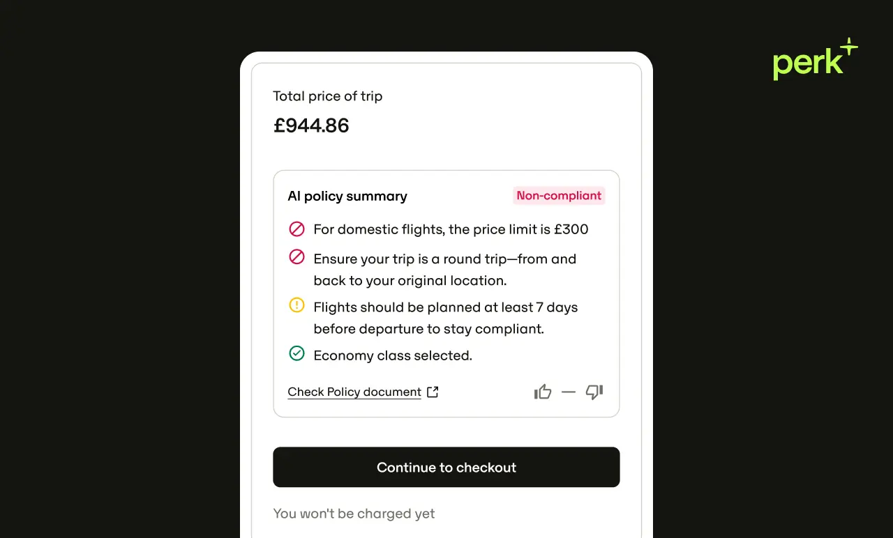 Screen showing a trip's total price of £944.86, with policy summary highlighting non-compliance and instructions for compliant travel booking.