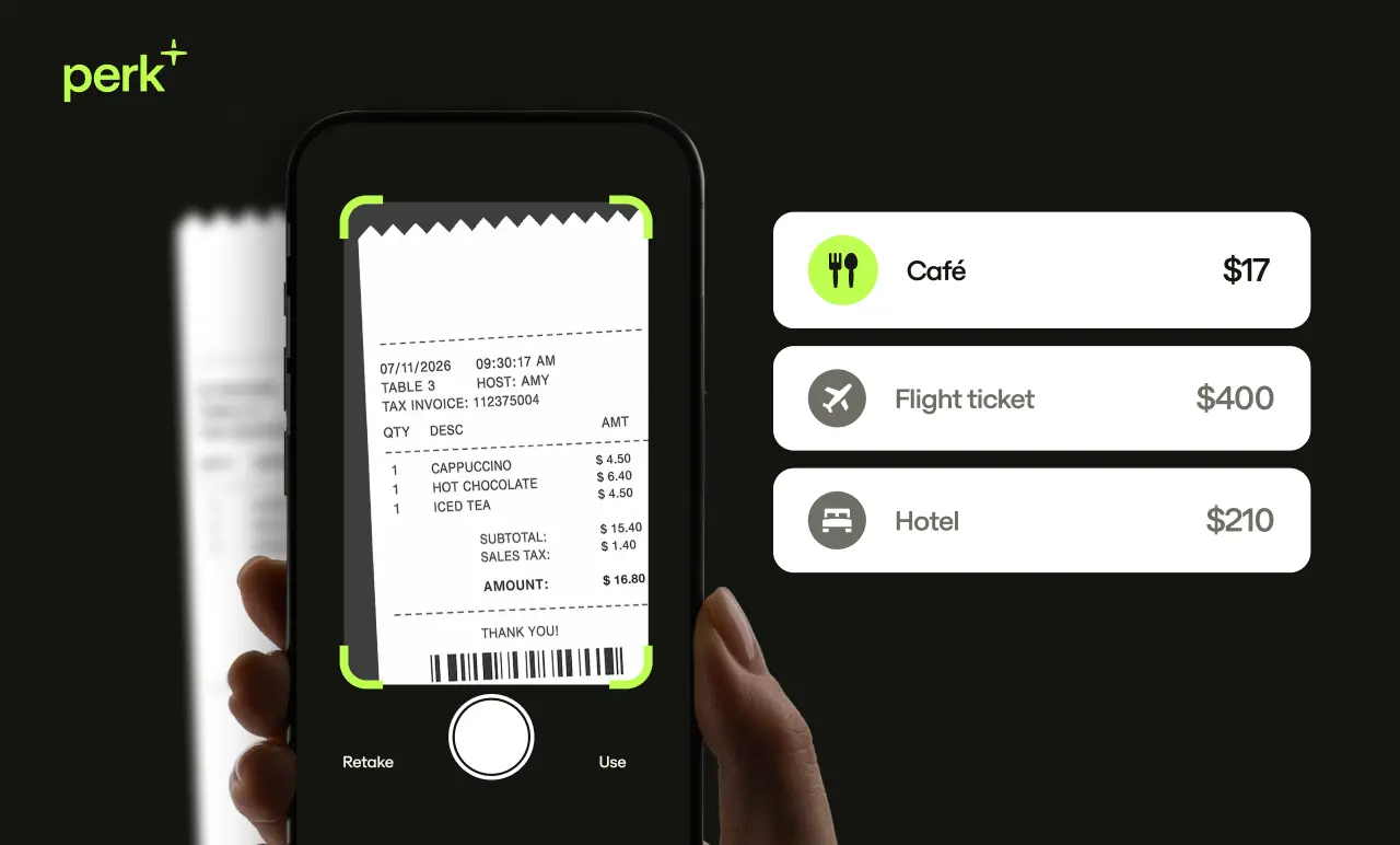 A smartphone screen displays a café receipt. Next to it, icons show expenses: Café $17, Flight ticket $400, Hotel $210.