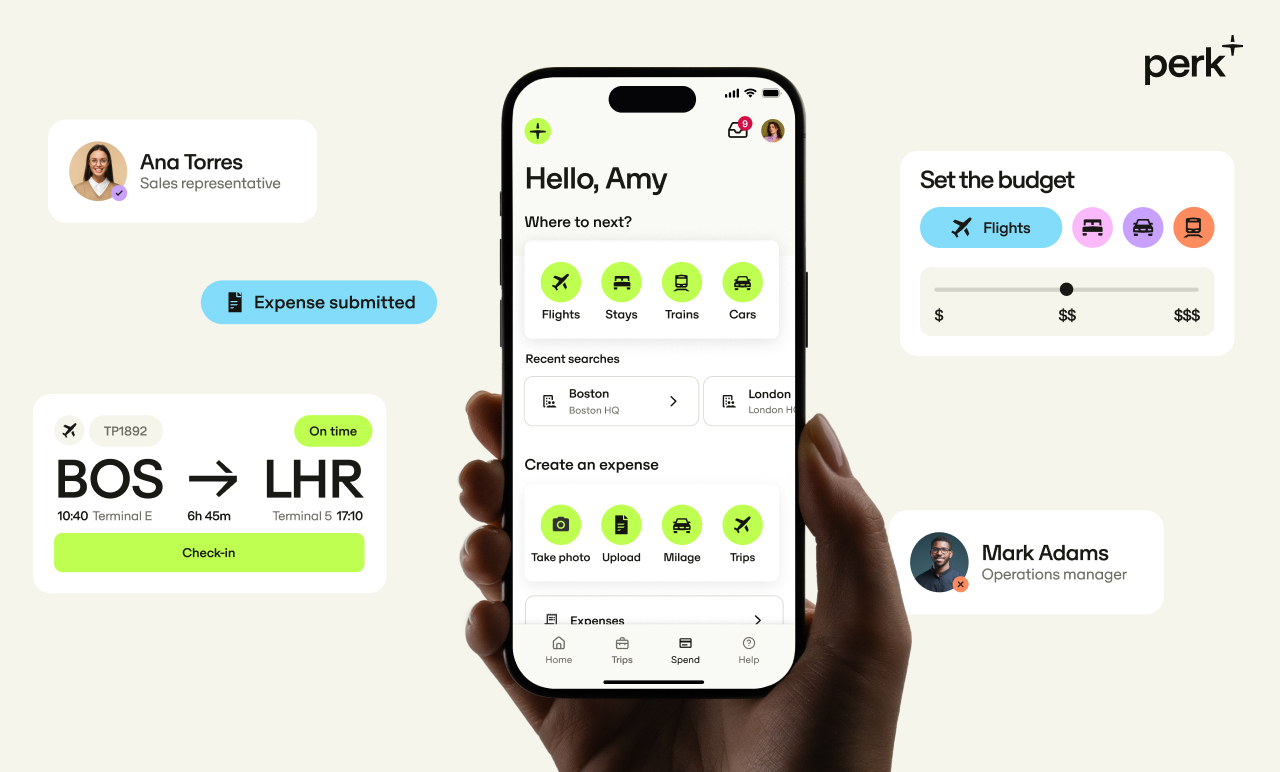 Hand holding a smartphone displaying a travel and expense management app with various options and user interface elements.