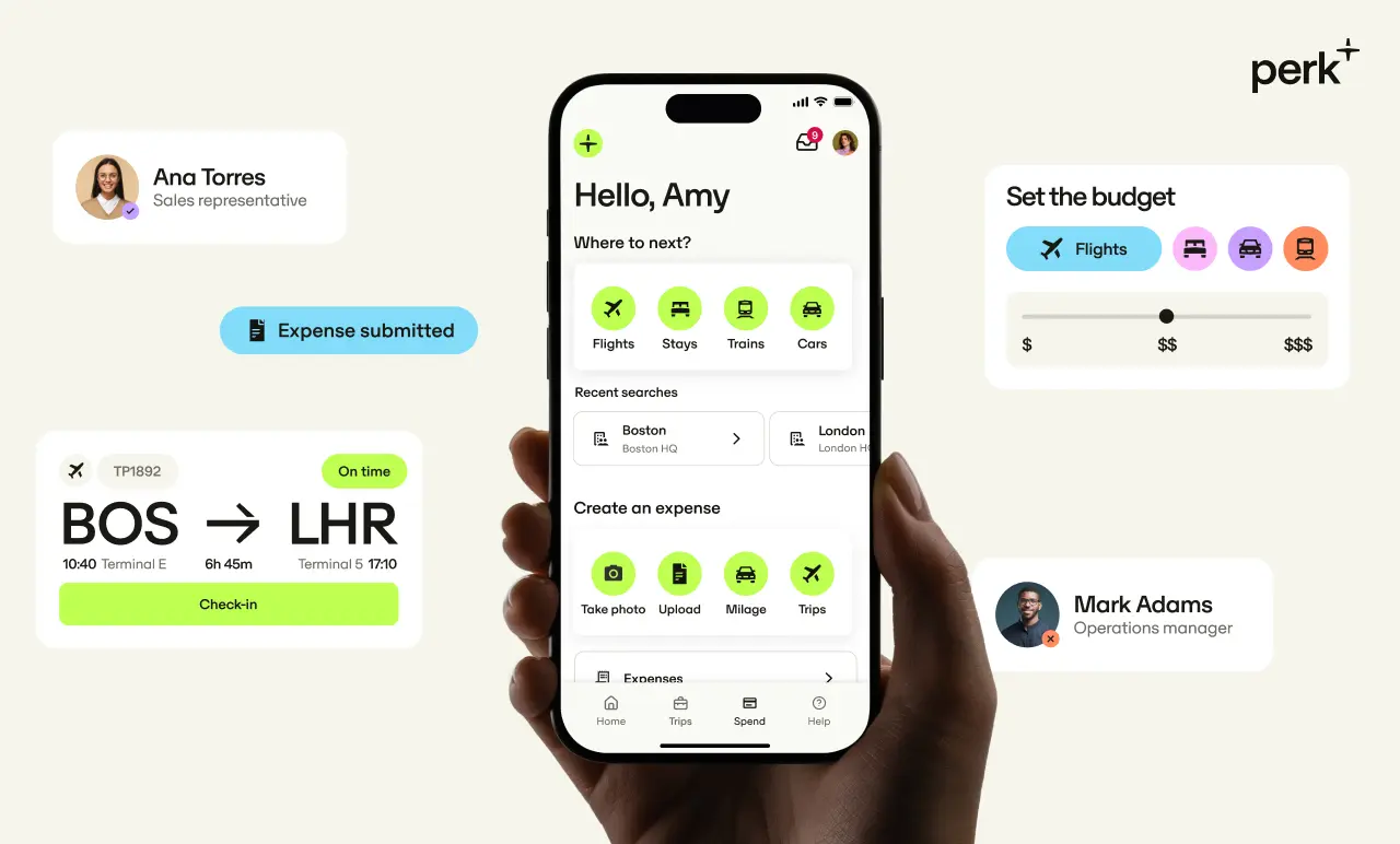 Hand holding a smartphone displaying a travel and expense management app with various options and user interface elements.