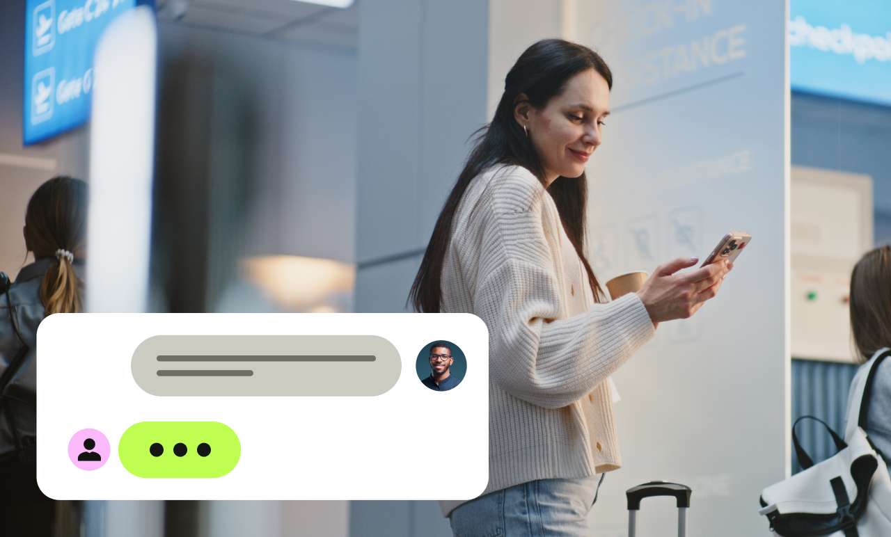 Woman smiling while looking at her phone in an airport. A messaging app interface overlay with text bubbles is visible in the foreground as she talks to Perk for support.