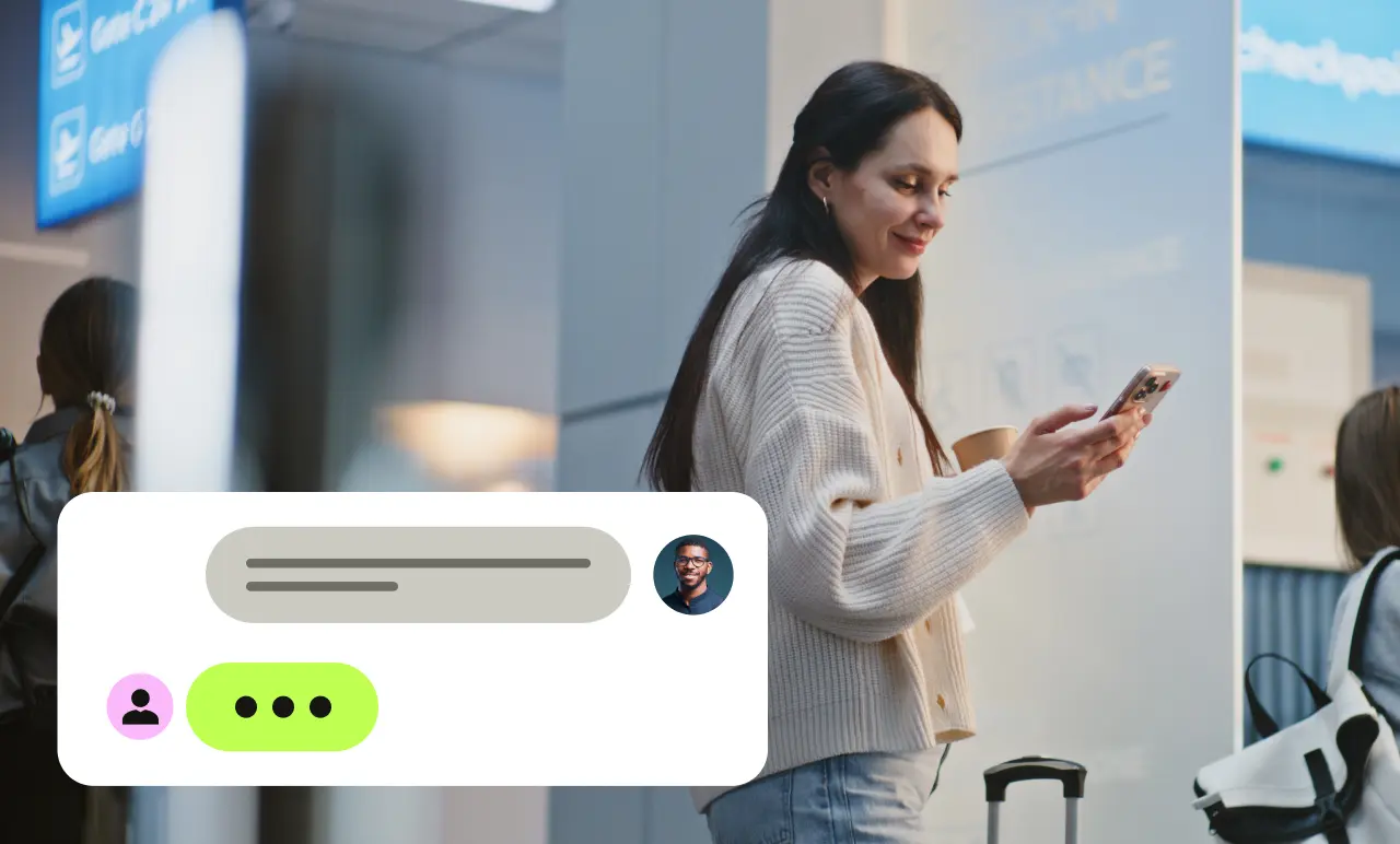 Woman smiling while looking at her phone in an airport. A messaging app interface overlay with text bubbles is visible in the foreground as she talks to Perk for support.