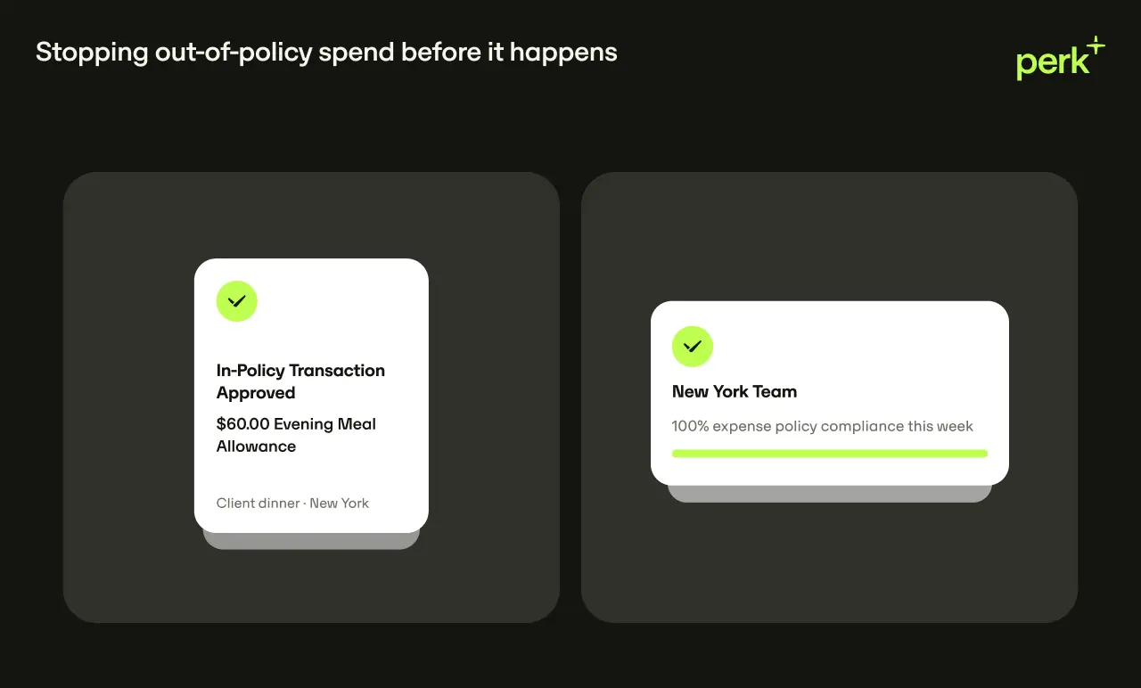 Two cards display approved in-policy transactions for a client dinner and the New York team's policy compliance. Header: "Stopping out-of-policy spend."