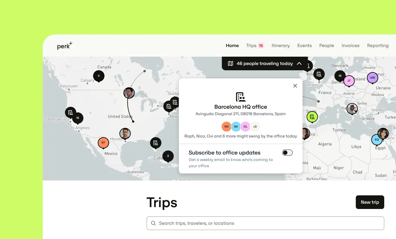 Map interface showing locations of travelers, with a highlighted popup for Barcelona HQ office. Green background with "Trips" search bar below.