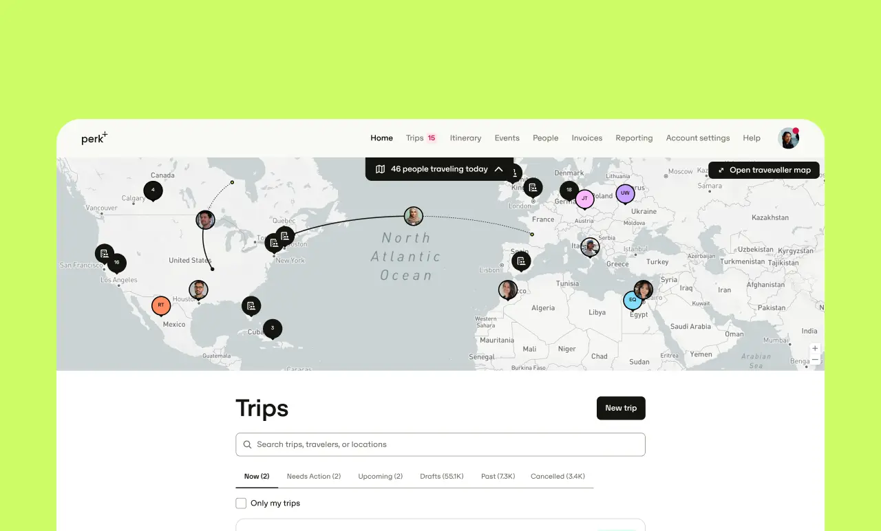 view of Perks travel flight tracker dashboard