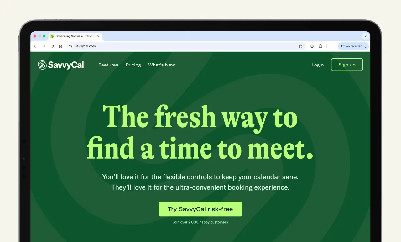 Tablet displaying the SavvyCal homepage with text promoting flexible meeting scheduling and a signup button.
