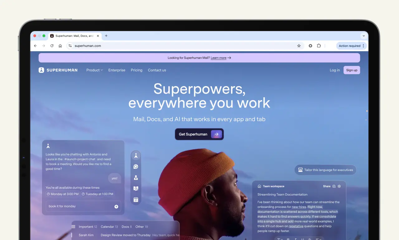 Tablet displaying Superhuman website with text "Superpowers, everywhere you work" and an image of a man in a beanie.