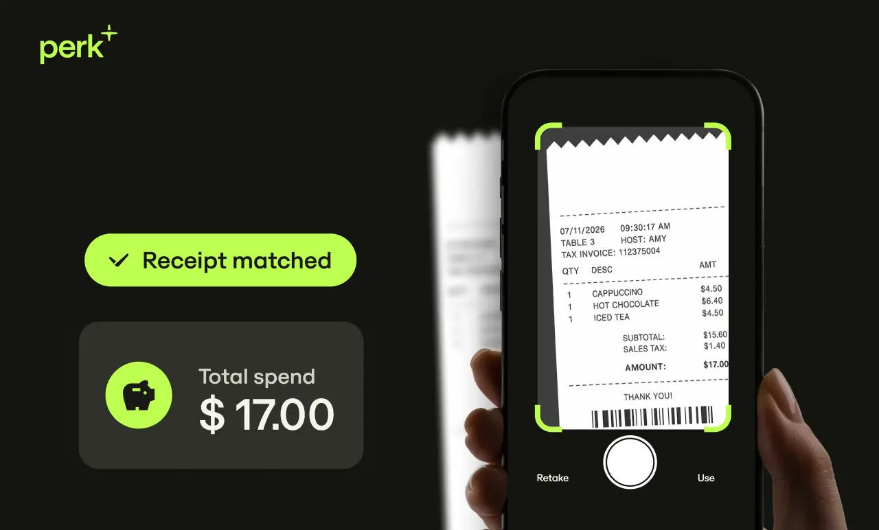 A smartphone app scans a receipt, showing a total spend of $17.00. The app confirms "Receipt matched" with the "perk+" logo.