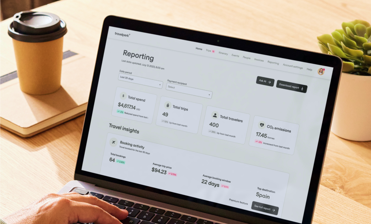 Laptop displaying a travelperk reporting dashboard with travel insights. Coffee cup and plant in the background on a wooden table.
