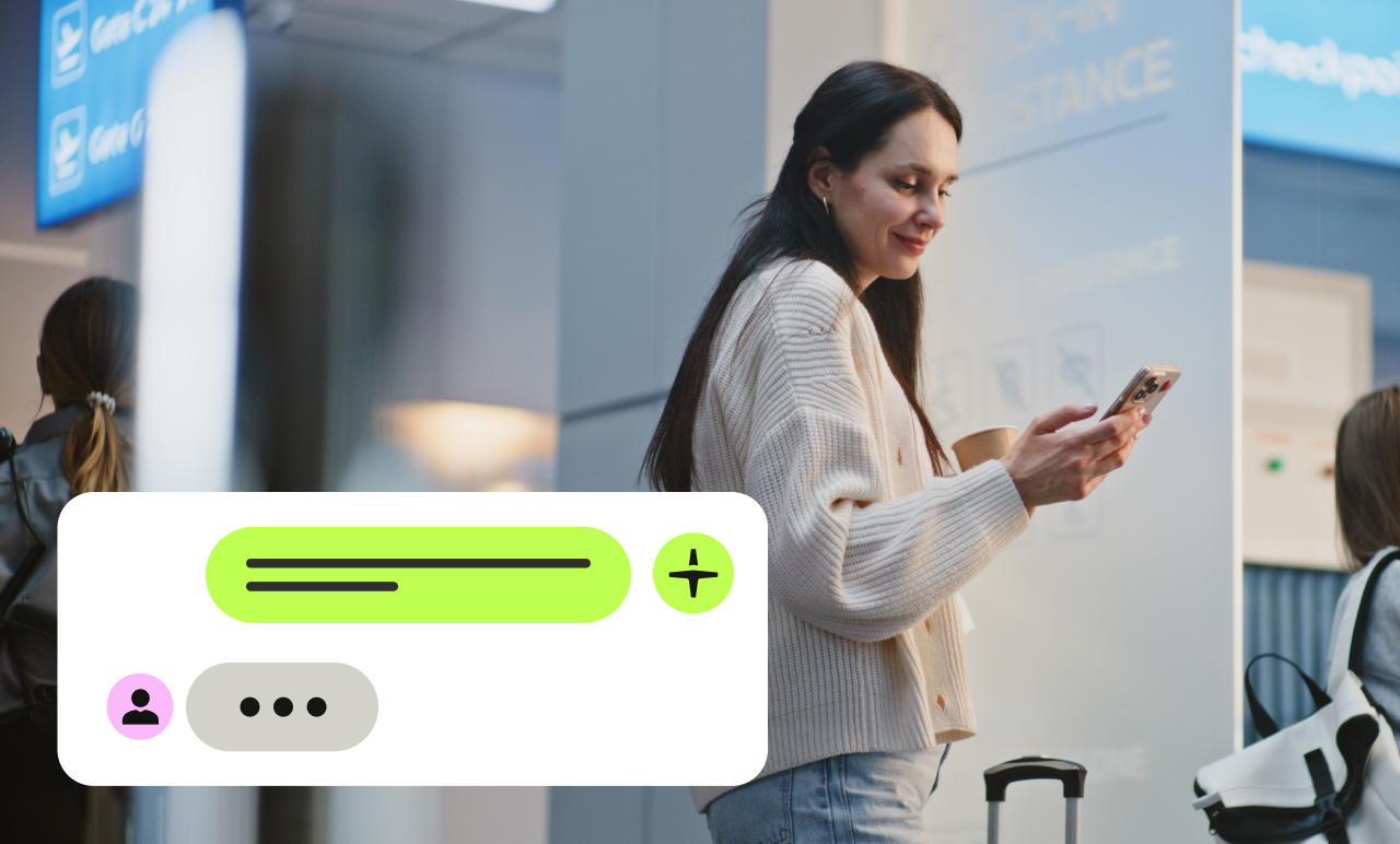 Woman at the airport using her phone, standing near luggage. A digital chat interface is superimposed in the foreground as she gets support from Perk.