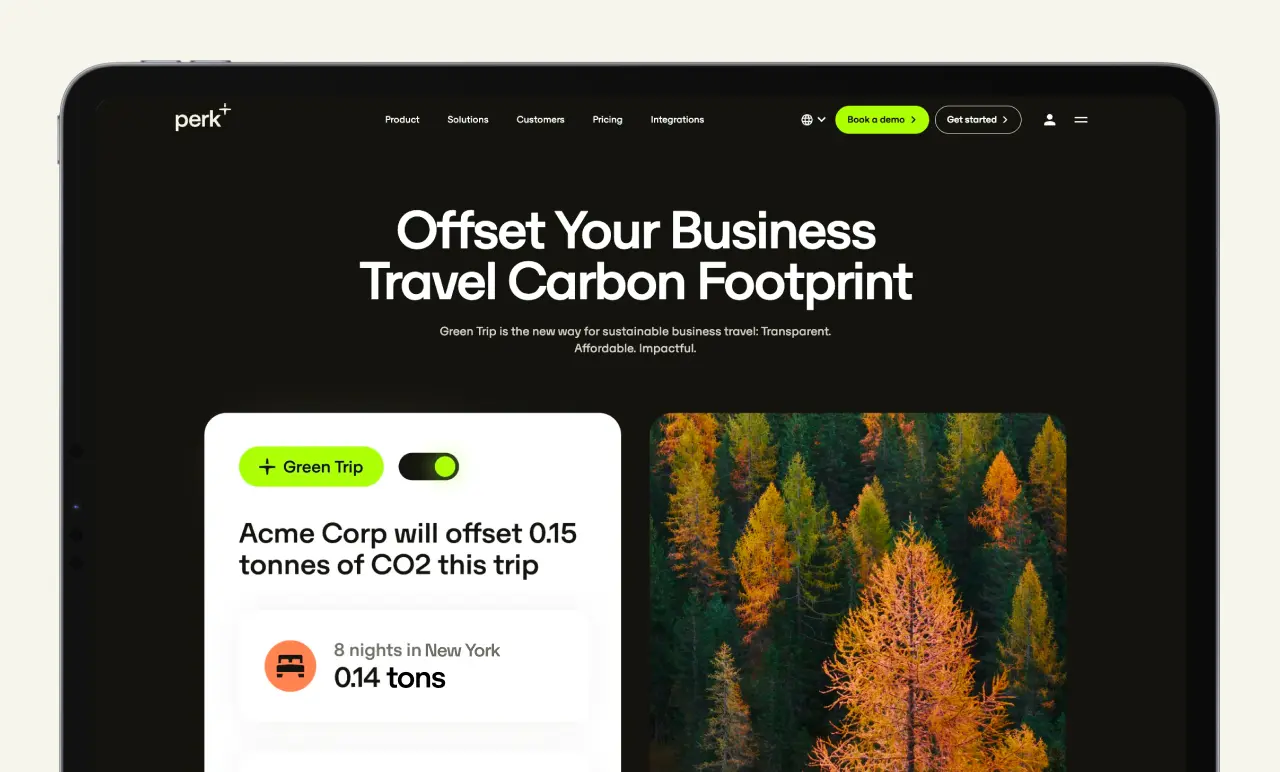 A webpage promoting carbon footprint offset for business travel features a toggle for "Green Trip" and an image of autumn trees.