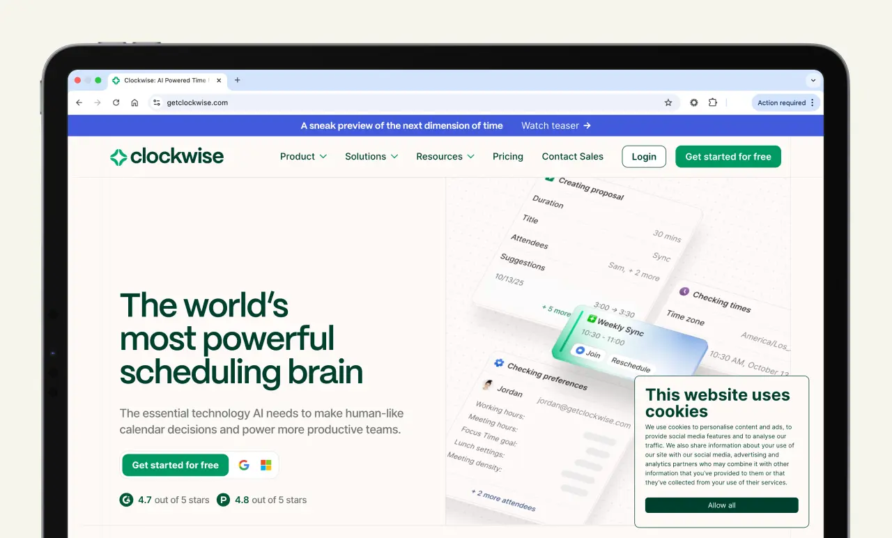 A website homepage showcasing scheduling software with a bold headline, call-to-action buttons, and visible cookie consent notification.
