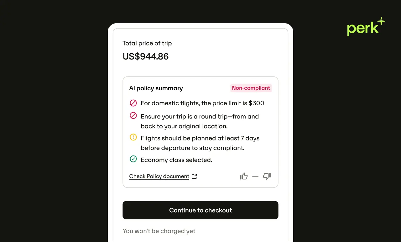 Travel booking screen showing total price of $944.86 with a non-compliant AI policy summary and "Continue to checkout" button.