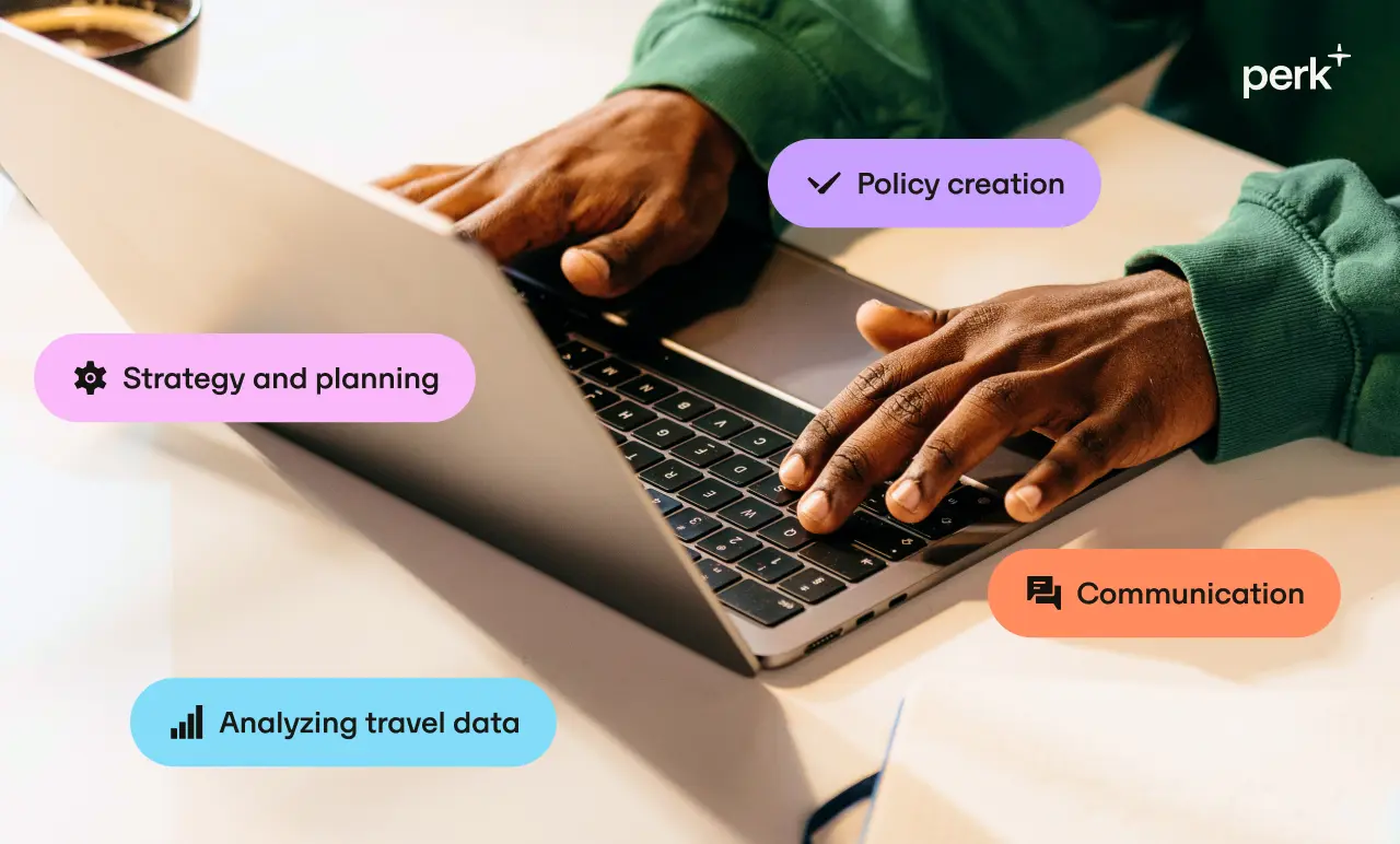 Person typing on a laptop with text bubbles: "Policy creation," "Strategy and planning," "Communication," and "Analyzing travel data."