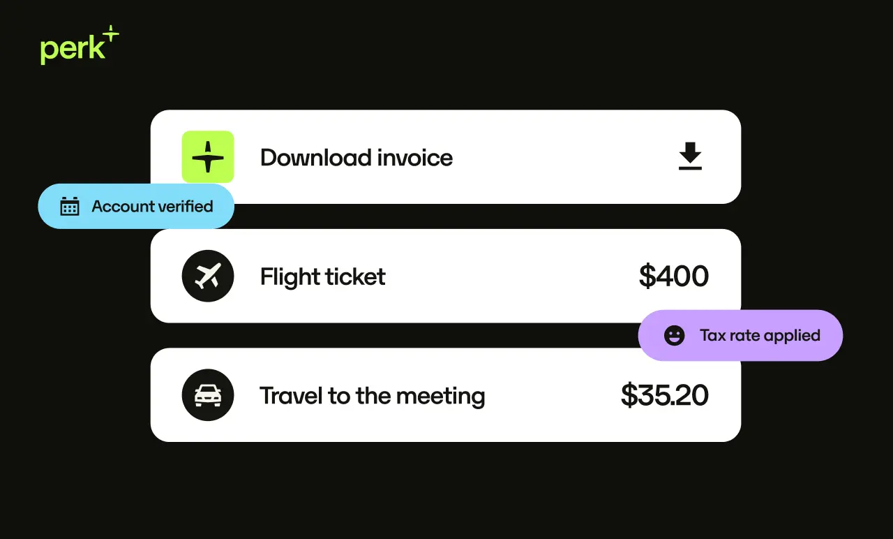 Interface showing options to download invoice, purchase a $400 flight ticket, and $35.20 travel to meeting. Includes verified badge and tax info.