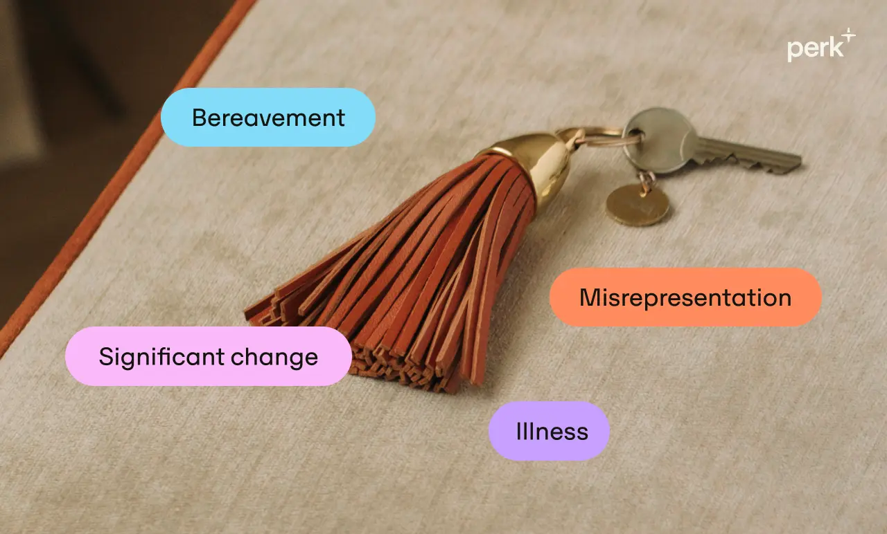 A keychain with a leather tassel on a table, surrounded by words: Bereavement, Misrepresentation, Significant change, and Illness.