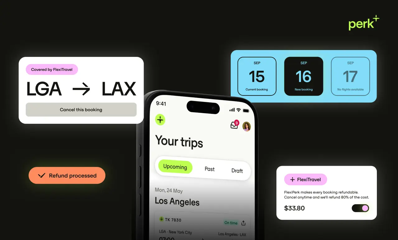 Smartphone displaying trip details with buttons and widgets: flight LGA to LAX, refund processed, upcoming and past trips, dates, and price.