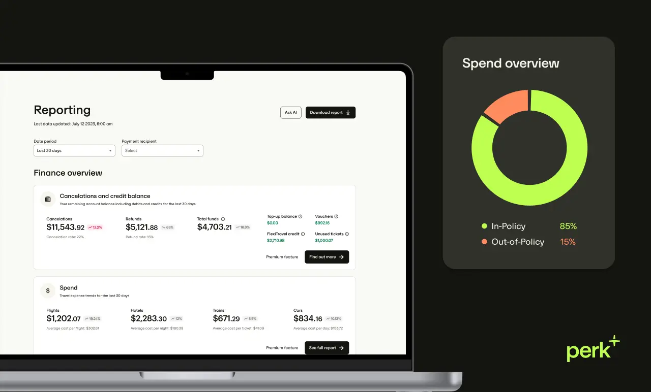 Laptop screen showing a financial reporting dashboard with a pie chart displaying 85% in-policy and 15% out-of-policy expenses.