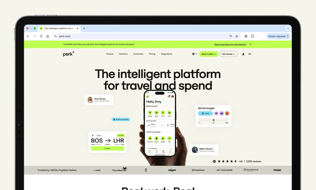 Tablet showing the Perk travel and spend platform, with flight info to LHR, user profiles, and mobile app interface on a light background.