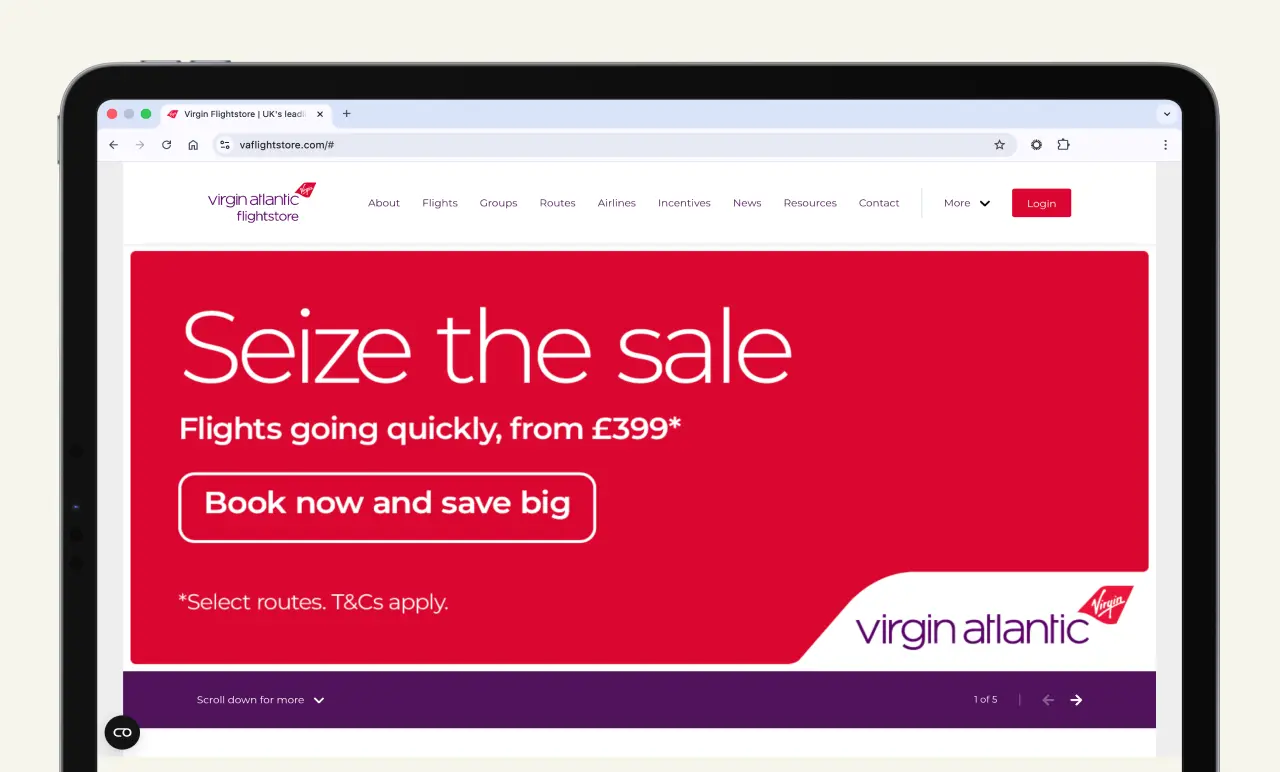 Laptop screen displaying Virgin Atlantic website with a sale promo: "Seize the sale. Flights going quickly, from £399*".
