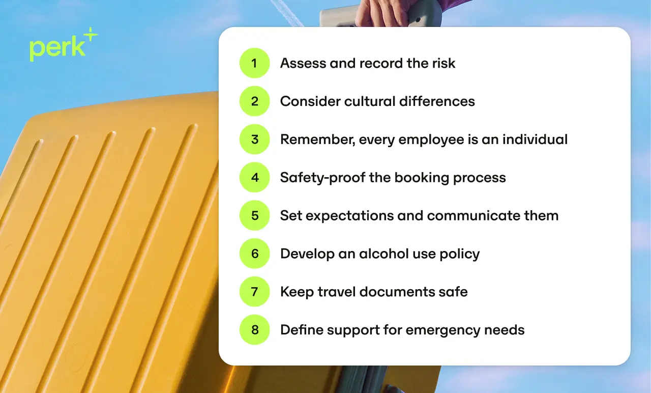A person holding a yellow suitcase with travel guidelines. Text: Assess risks, consider culture, safety-proof, set expectations, and more.