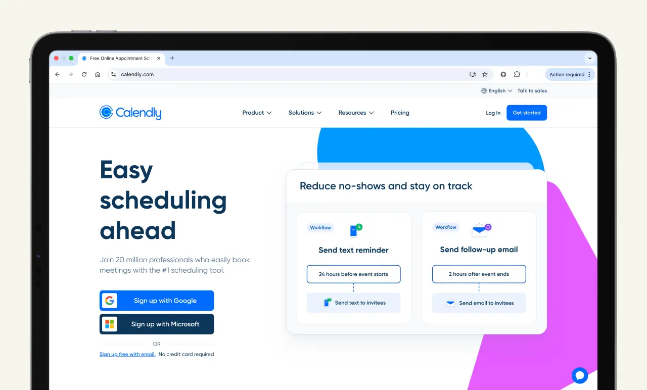 A webpage showing Calendly's scheduling features, including sign-in options and reminders to reduce no-shows.