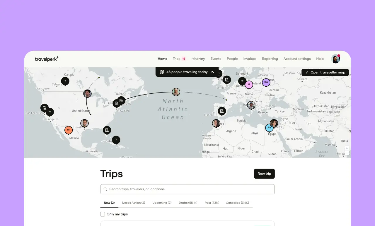 Travel planning dashboard showing a world map with user photos, trip routes, and a search bar for trips on a purple background.