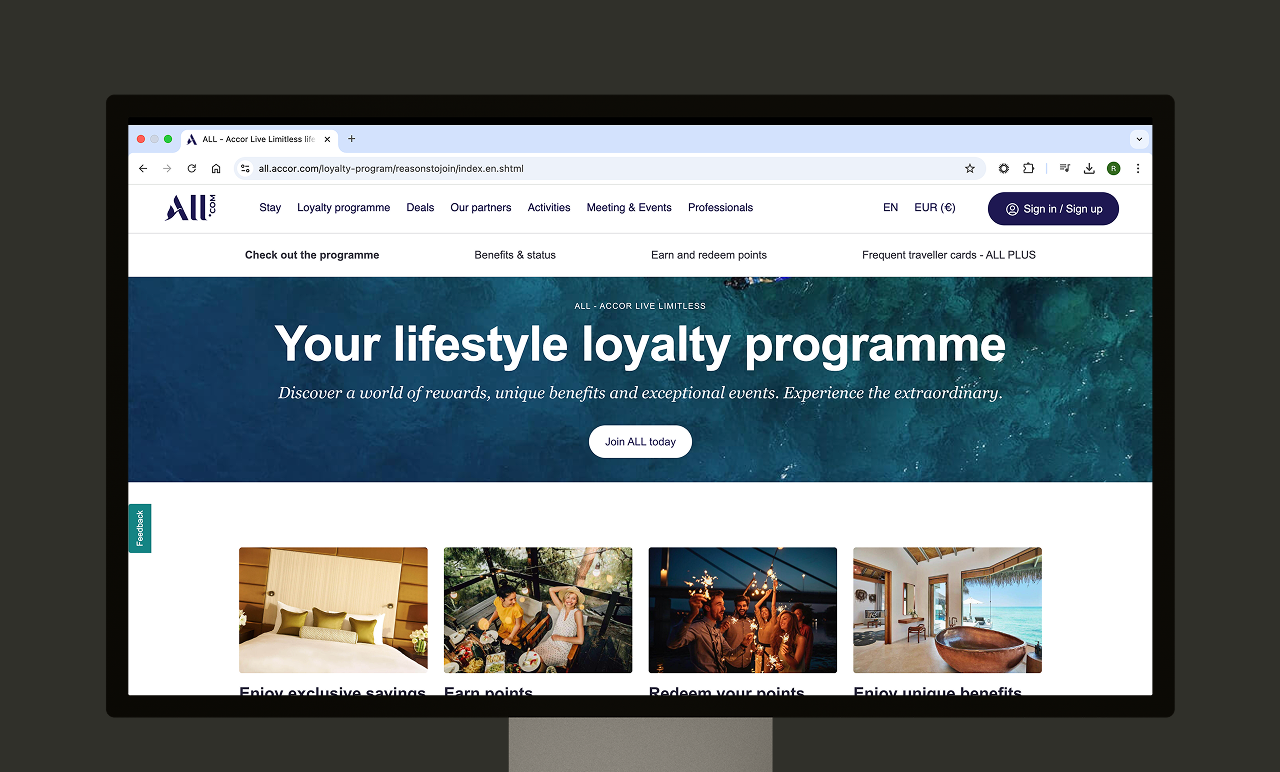 accor live limitless loyalty program webpage with images of travel and leisure activities.