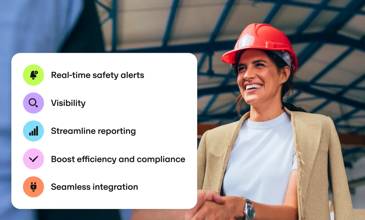 Smiling person in a hard hat shakes hands. Text box highlights benefits: real-time safety alerts, visibility, streamlined reporting, boosting efficiency and compliance, seamless integration.