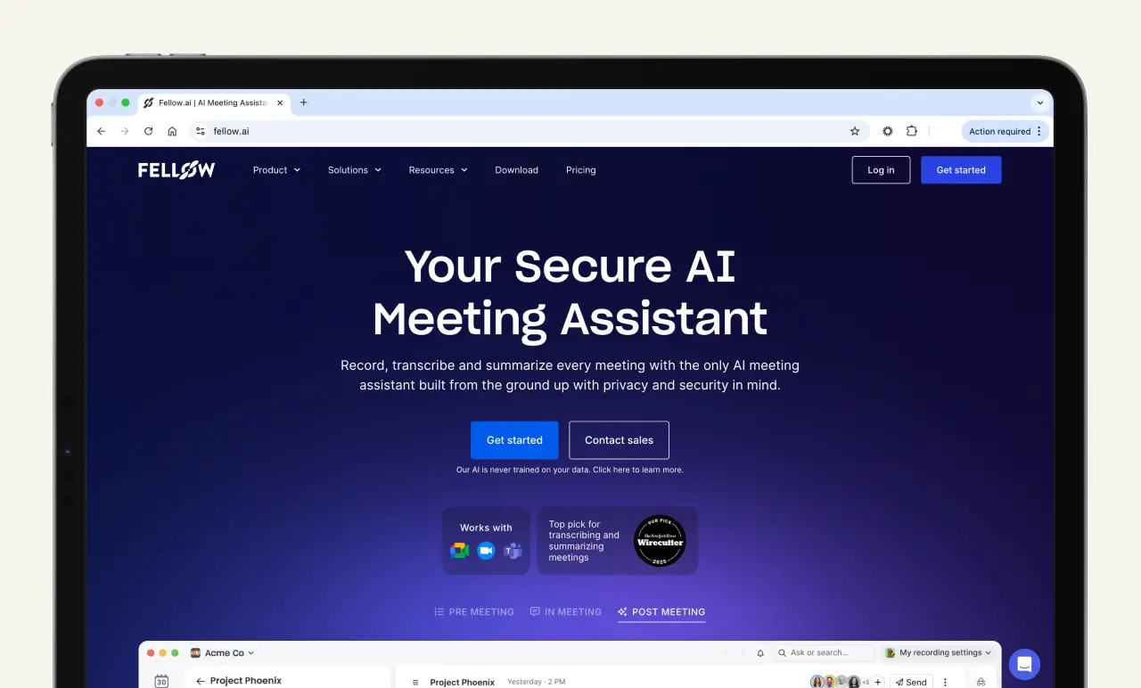 A tablet displaying the website for secure AI meeting assistant Fellow, with options to get started and contact sales, set against a dark blue background.