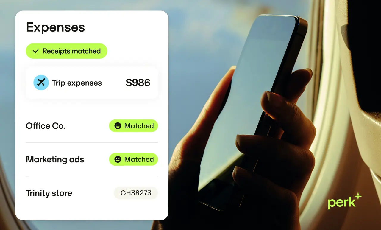 A person holds a smartphone near an airplane window. Overlaid text displays expense receipts, with trip expenses totaling $986 marked as matched.