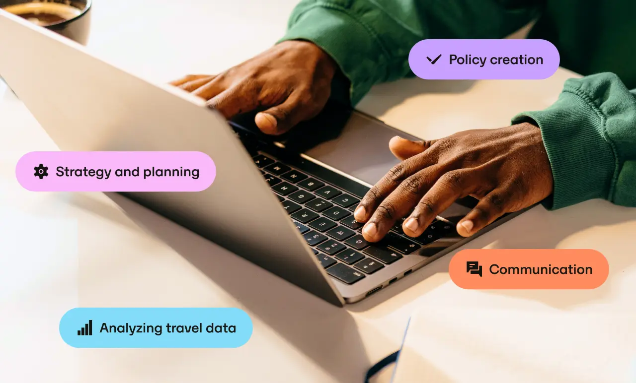 Person typing on a laptop with colorful labels: Strategy and planning, Policy creation, Communication, and Analysing travel data.