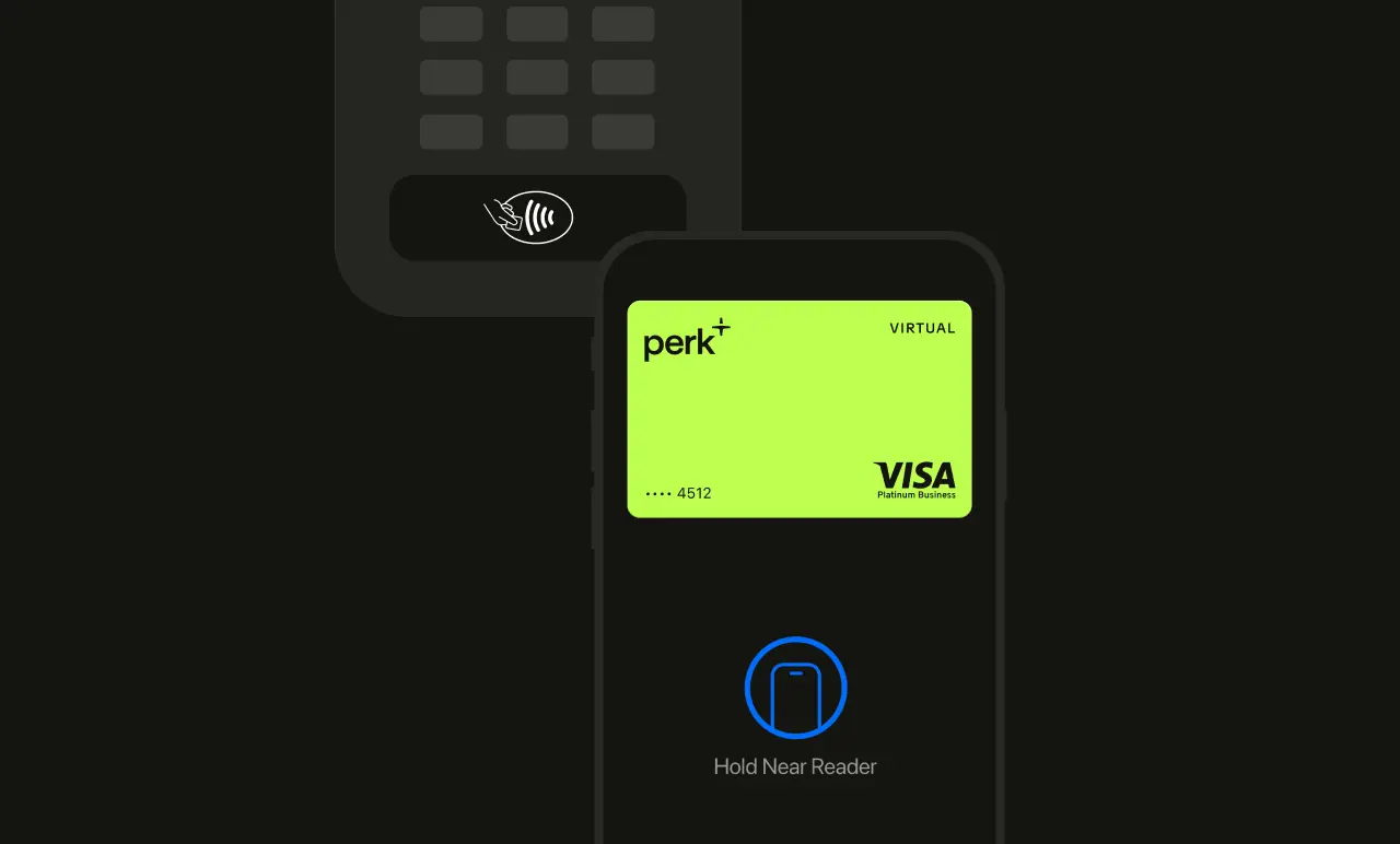 A smartphone shows a virtual Visa card with "perk+" displayed, ready for contactless payment, with a payment terminal in the background.
